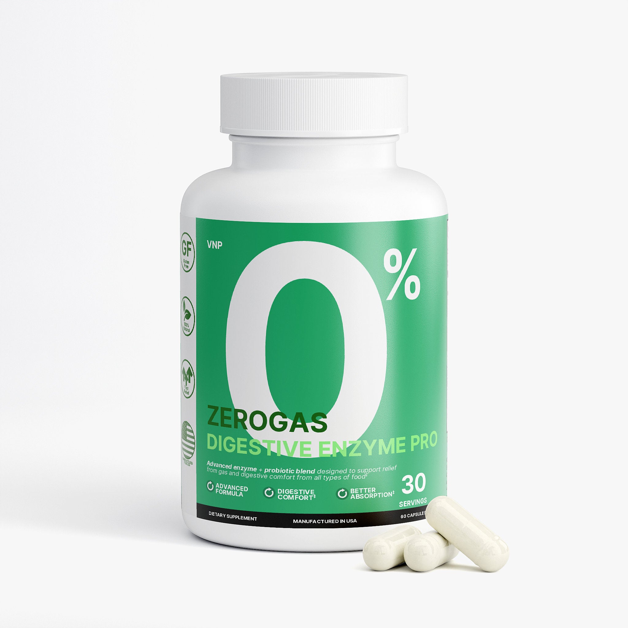 Bottle of Zerogas Digestive Enzyme Pro on a white background