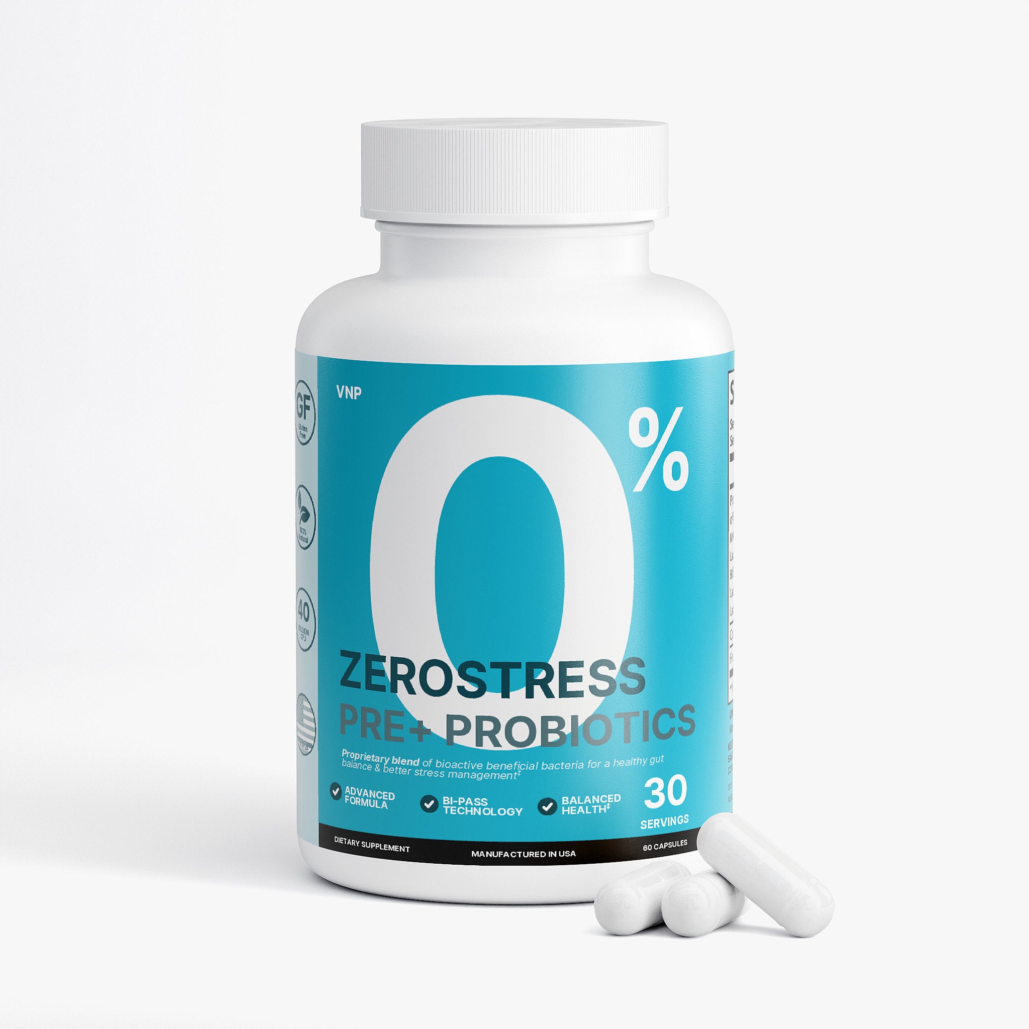 ZeroStress pre + probiotics bottle with packaging and capsules on a white background