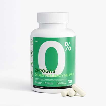 Bottle of Zerogas Digestive Enzyme Pro on a white background