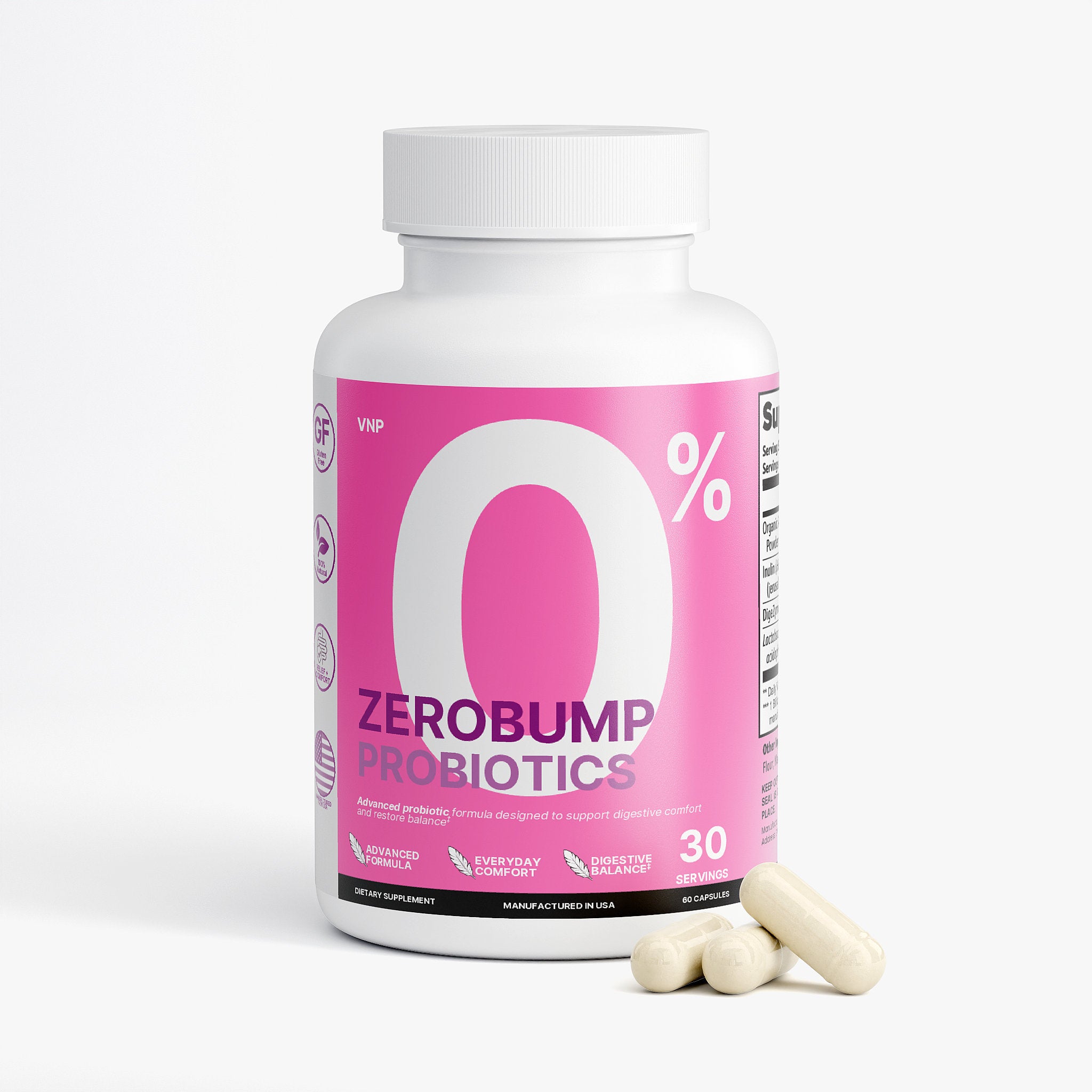 ZeroBump Probiotics bottle with pink label on a white background